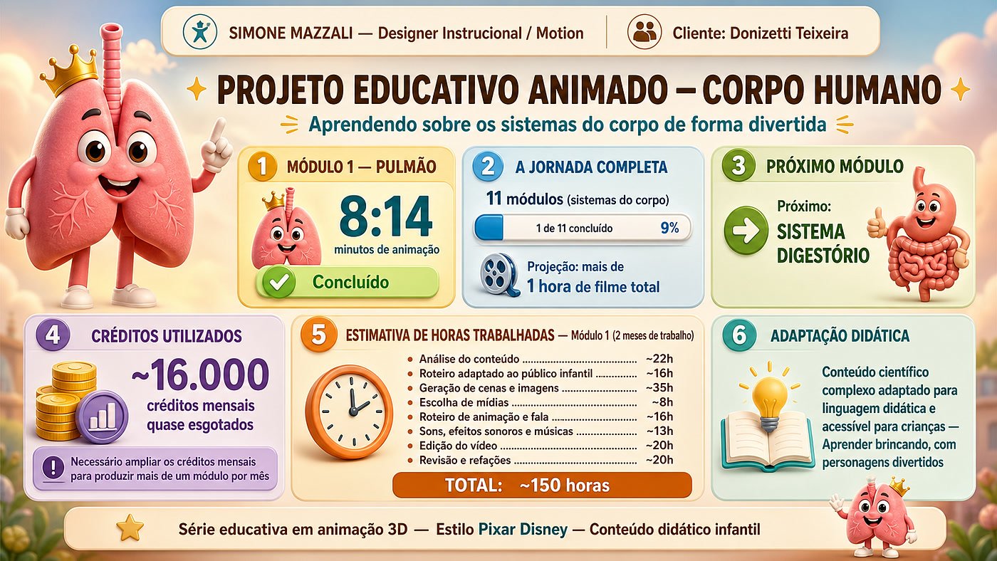 Painel do projeto educativo animado Corpo Humano: módulo 1 Pulmão concluído com 8min14 de animação, jornada de 11 módulos, próximo módulo Sistema Digestório e cerca de 150 horas de trabalho