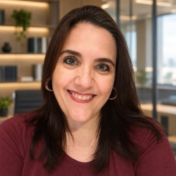 Simone Mazzali sorrindo, em um escritório