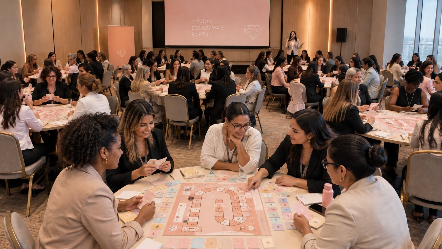 Turma de vendedoras da Vivara jogando o jogo de tabuleiro Jornada Força de Vendas em mesas redondas, com a mensagem Juntas somos mais fortes no telão